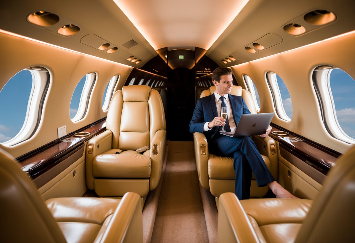 Interior of a private jet with a person seated comfortably, showing spacious leather seats and large windows with a clear sky outside.