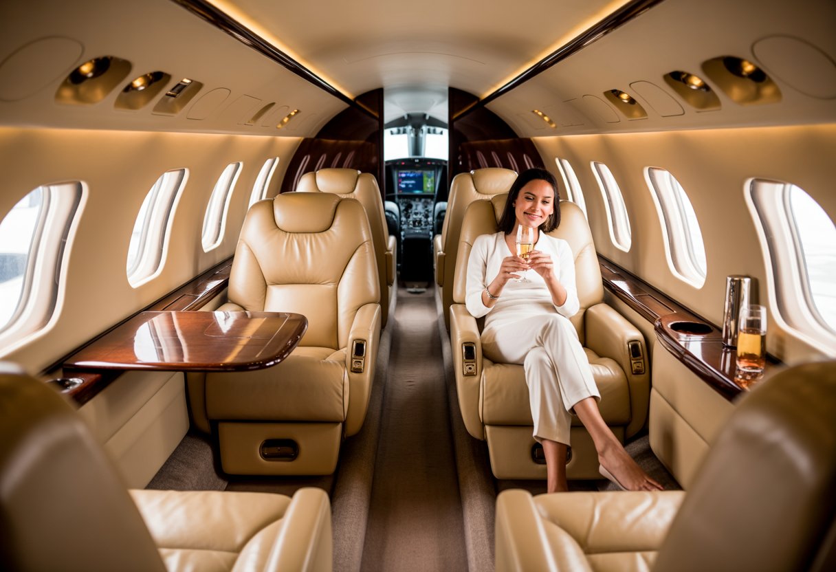Interior of a luxurious private jet with a relaxed passenger seated comfortably, large windows, and elegant furnishings.