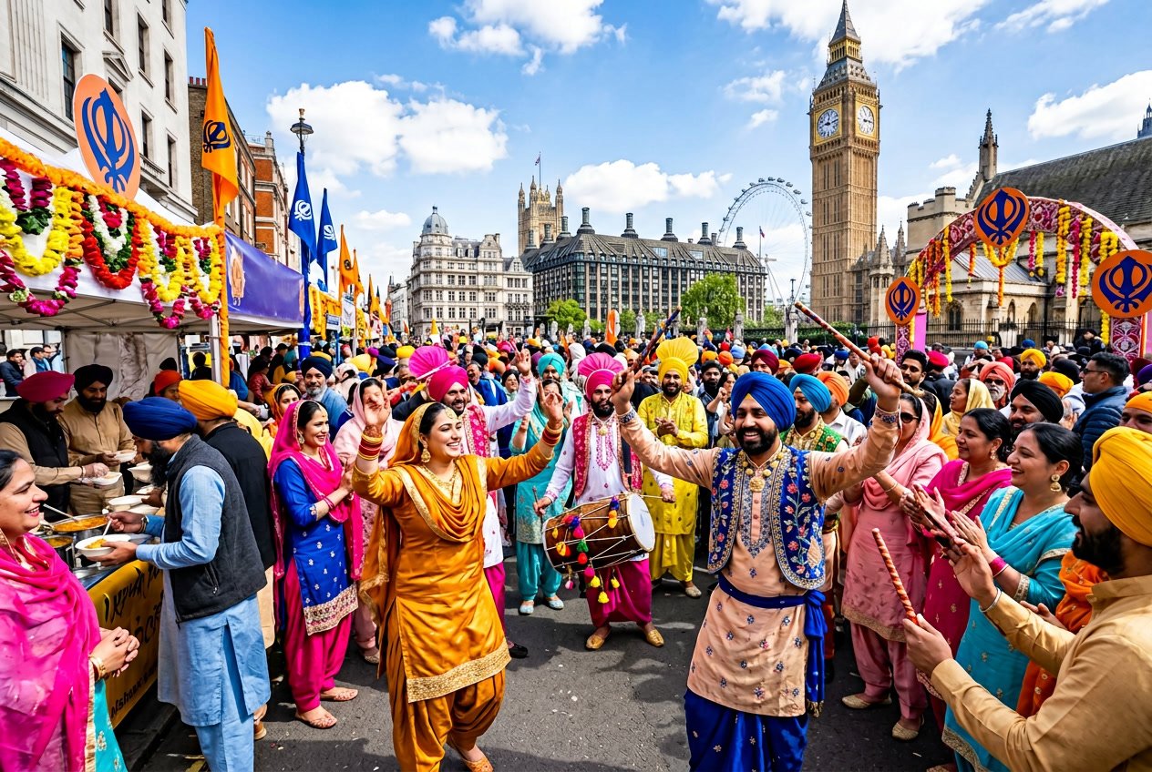 People celebrating the Vaisakhi Festival in London wearing colourful traditional clothes with London landmarks in the background.