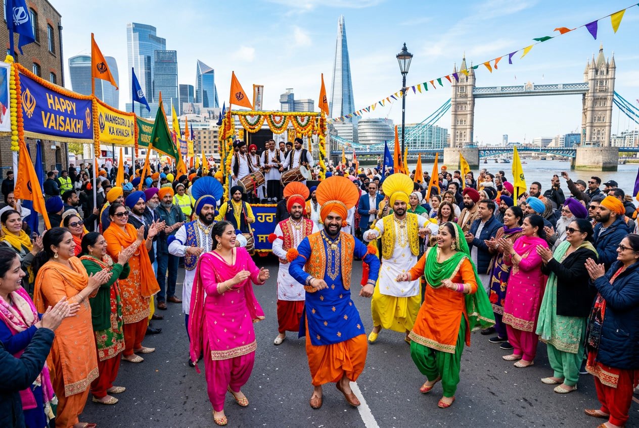 People dressed in traditional Punjabi clothing celebrating Vaisakhi Festival outdoors with London landmarks in the background.