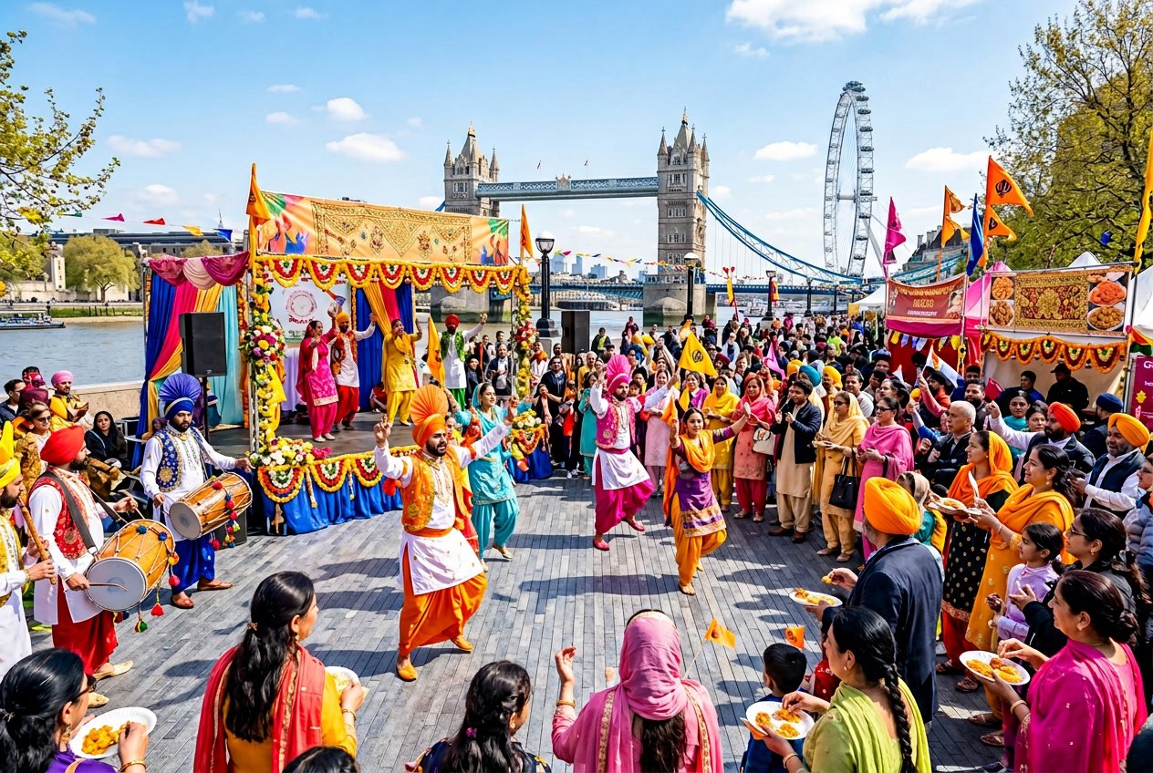 People celebrating the Vaisakhi Festival in London outdoors with traditional clothing, dancing, and colourful decorations.