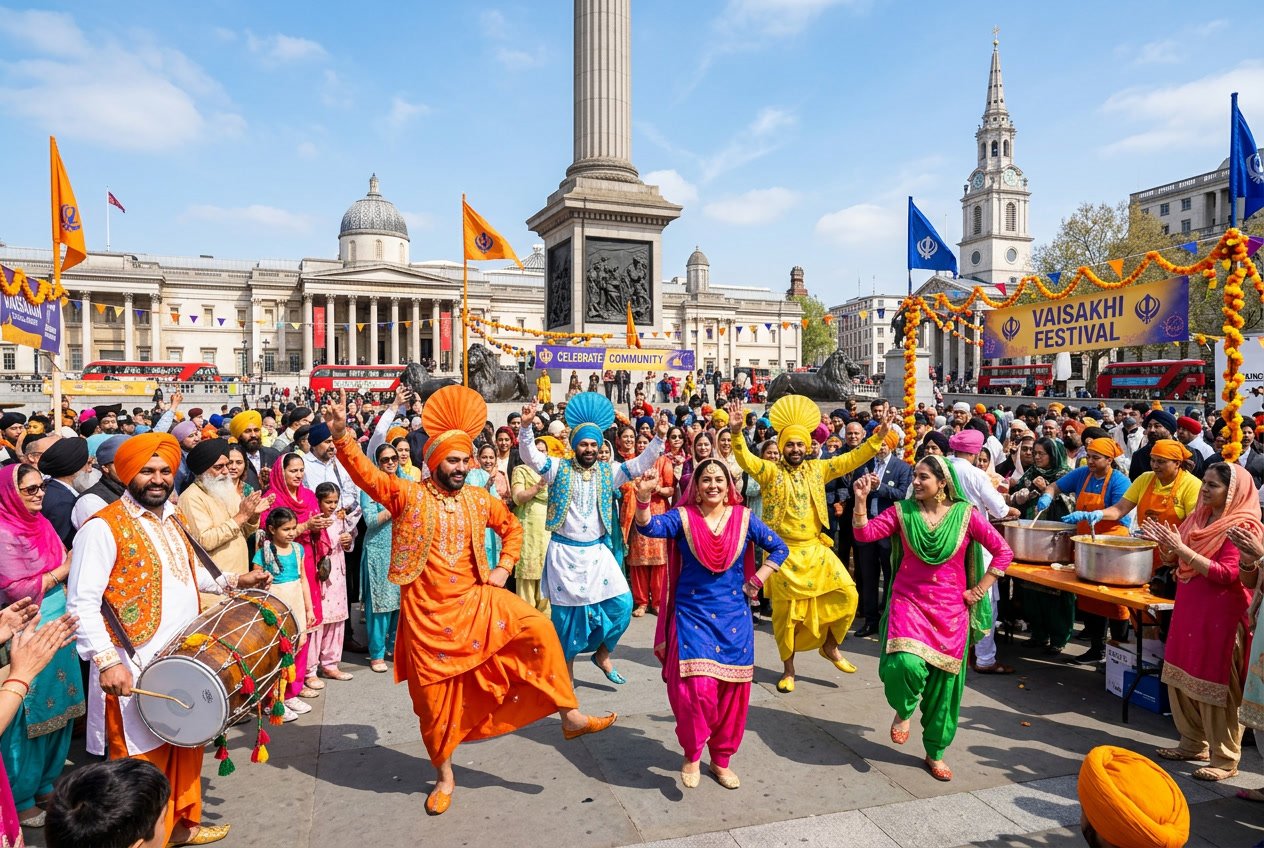 A group of Sikh and Punjabi people celebrating Vaisakhi outdoors in London, dressed in colourful traditional clothing, dancing and playing drums with London landmarks in the background.