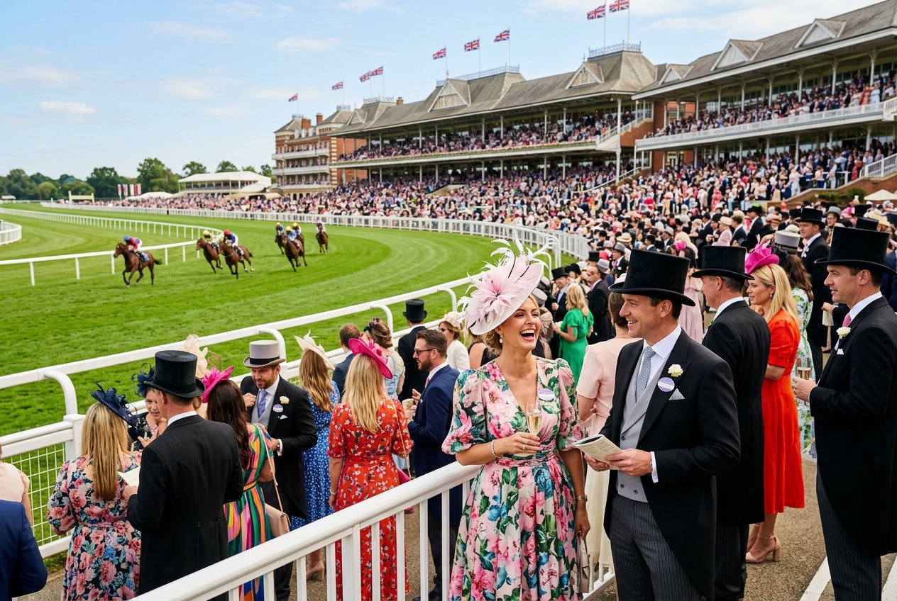 Crowd of well-dressed people gathered at a historic horse racing track on a sunny day.