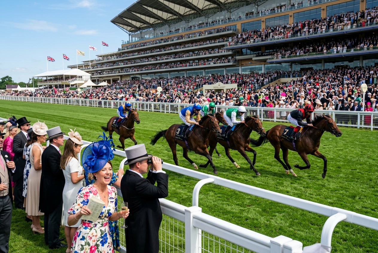 Thoroughbred horses racing on a green track with spectators in traditional British attire watching from the grandstands at Royal Ascot.