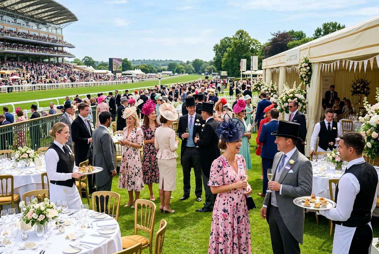 A group of people dressed in formal attire socialising outdoors at Royal Ascot with luxury marquees and the racecourse in the background.