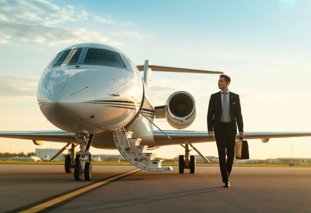 Private jet on a runway with a business traveller walking towards it