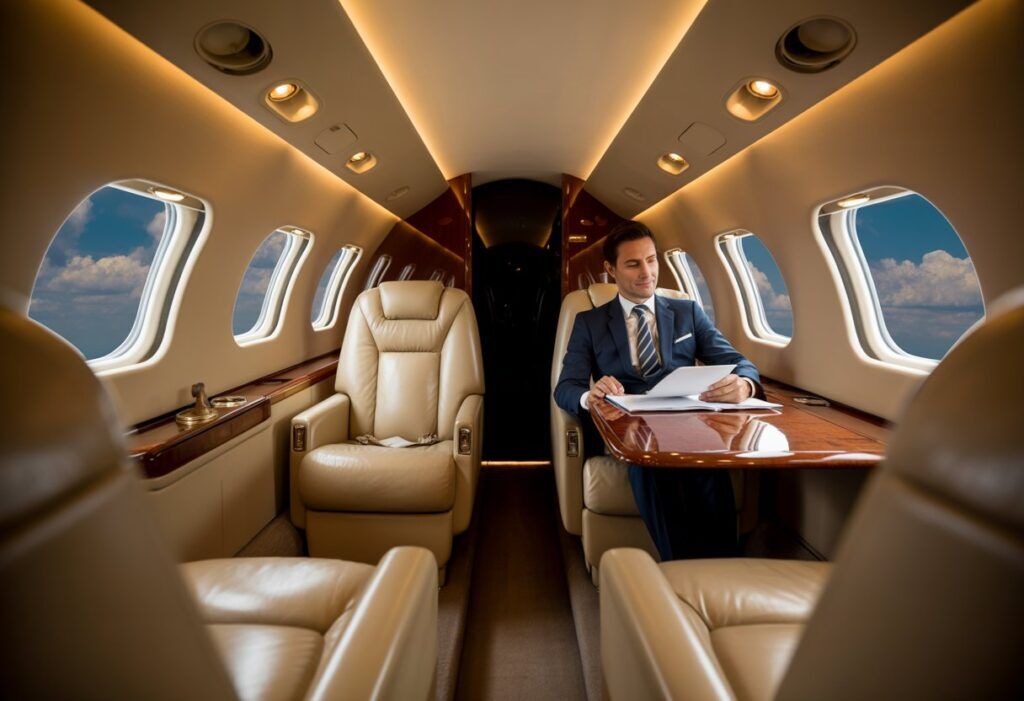 Interior of a luxurious private jet cabin with comfortable seating and blue sky views