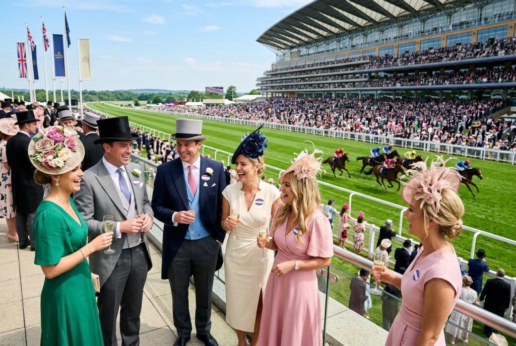 Crowd watching horse racing at a prestigious racecourse event