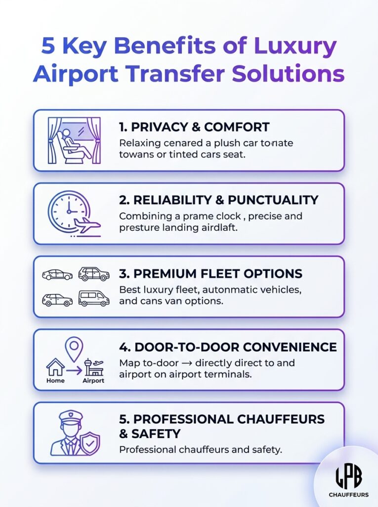 Infographic outlining 5 key benefits of Luxury Airport Transfer Solutions for travellers.