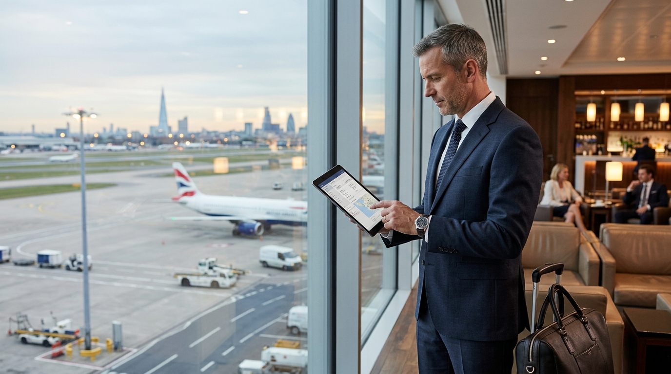 Businessman checking flight details t an airport