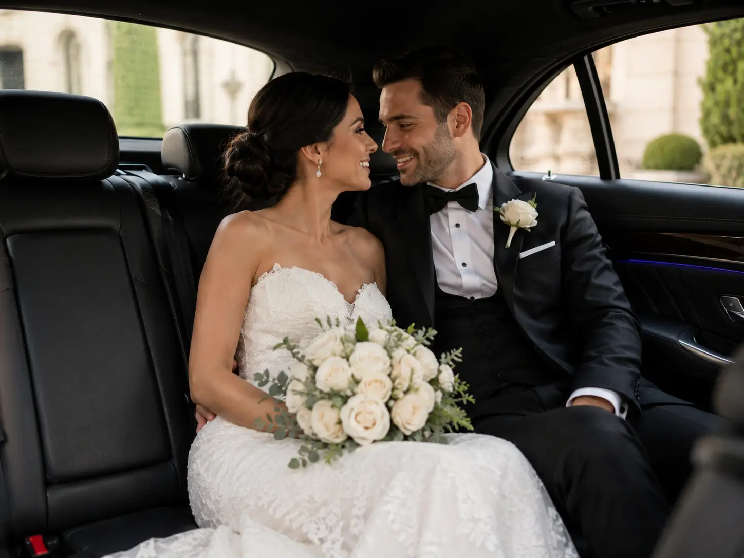 Bride and groom seated inside a luxury chauffeur car