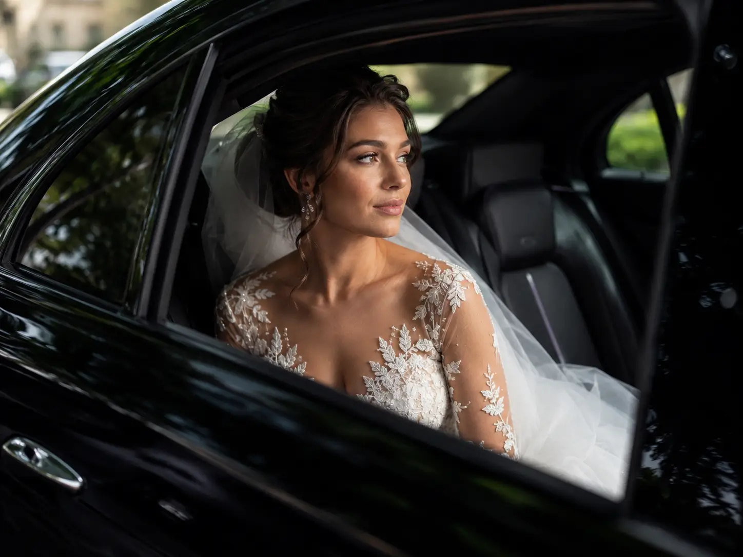 Bride looking out from a luxury chauffeur car window