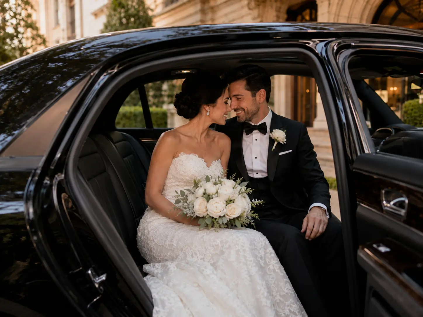 Chauffeur helping bride into a luxury wedding car