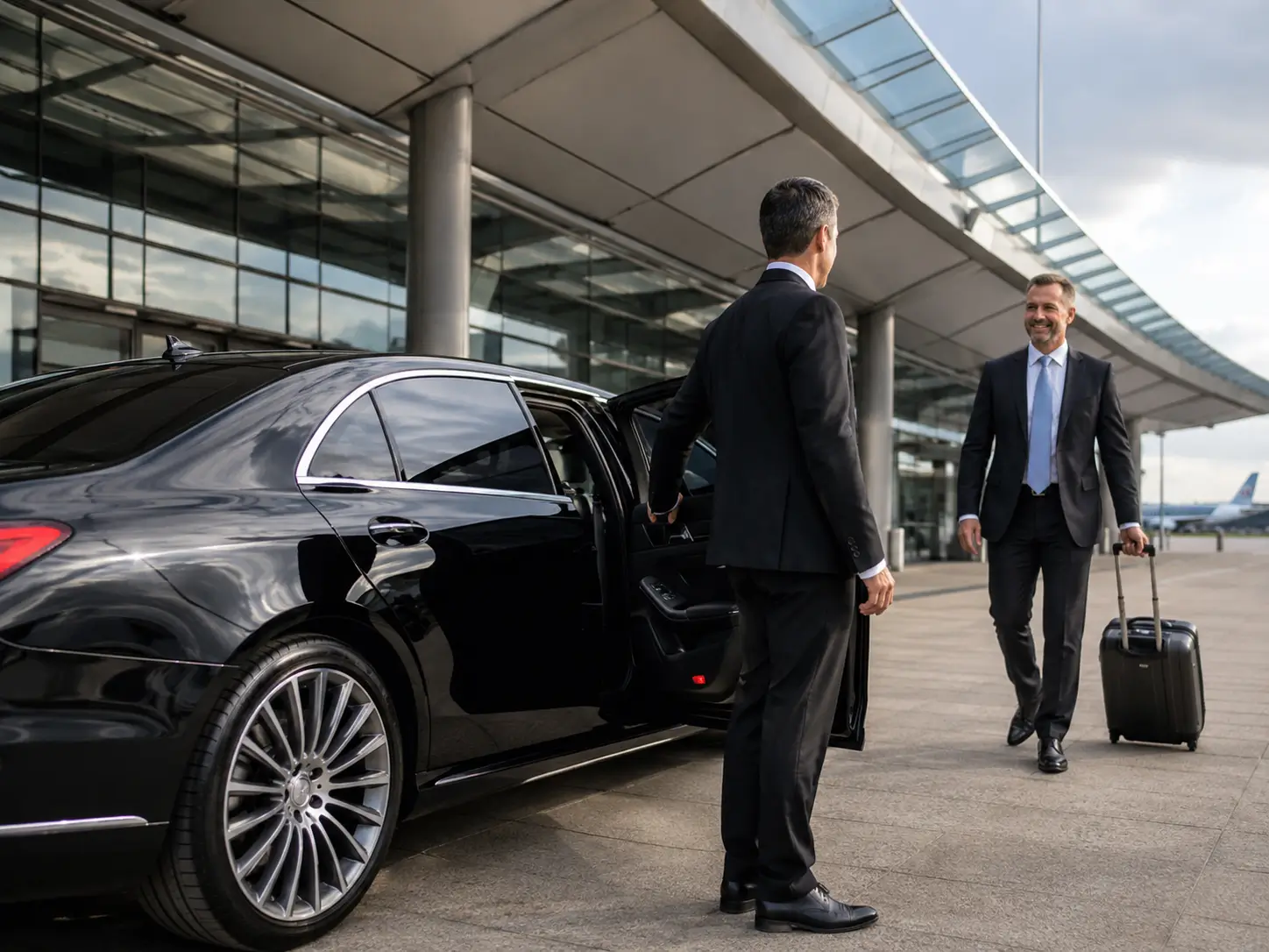 Luxury chauffeur car outside a commercial airport terminal
