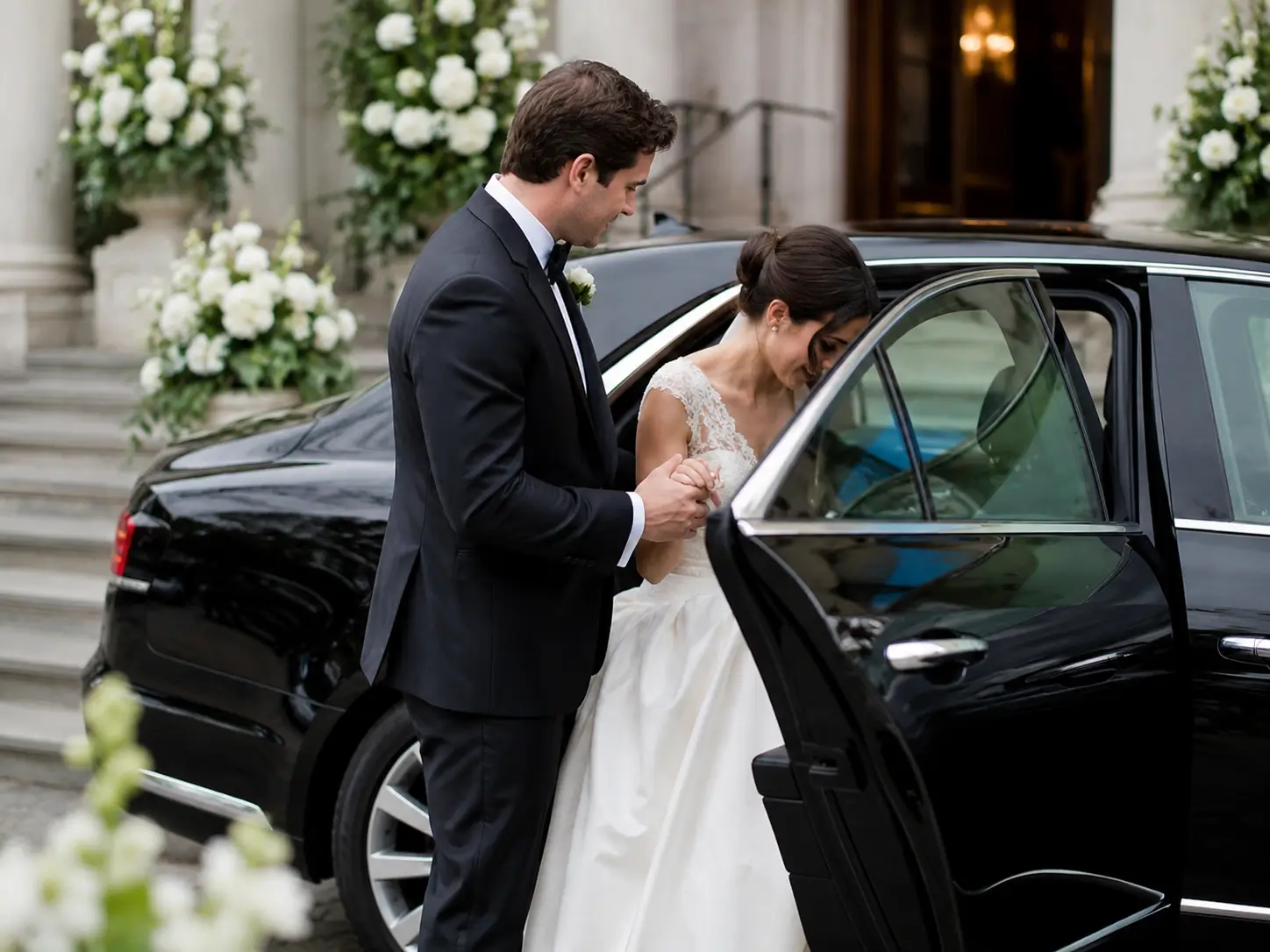 Groom helping bride into a luxury chauffeur car