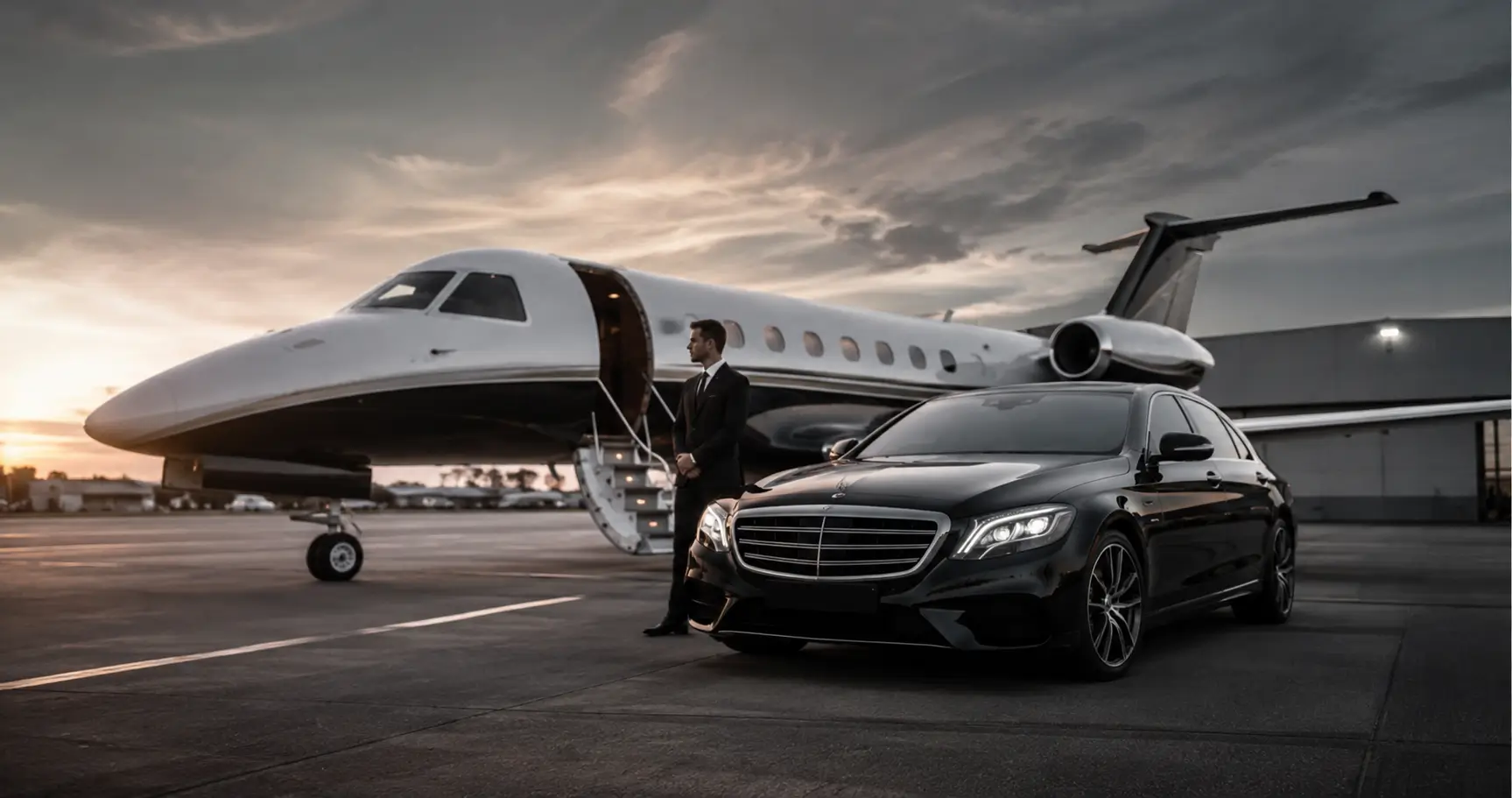 Luxury chauffeur car beside a private jet at a private airport
