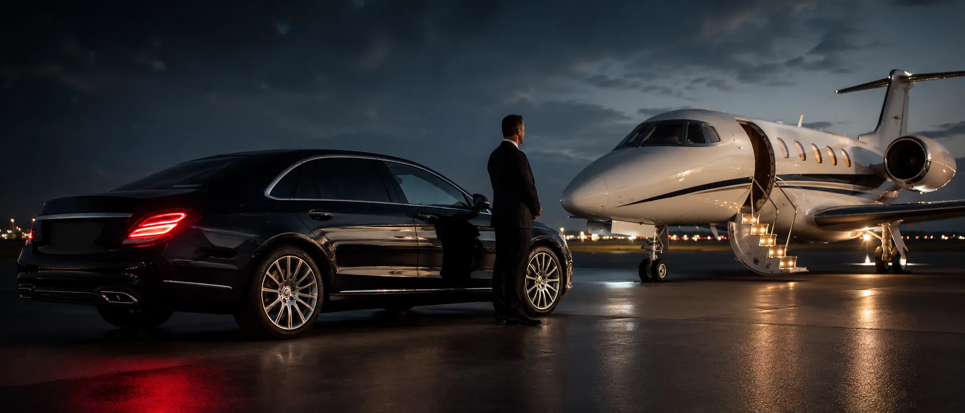 Luxury chauffeur car parked beside a private jet