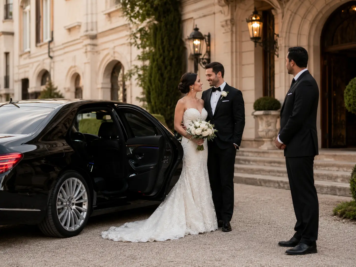 Luxury wedding chauffeur car outside a wedding venue