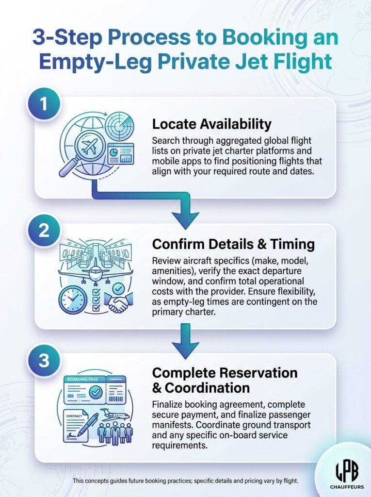 Ultimate Guide to Booking Empty Leg Private Jet Flights: 3-step process to book an empty-leg private jet flight.