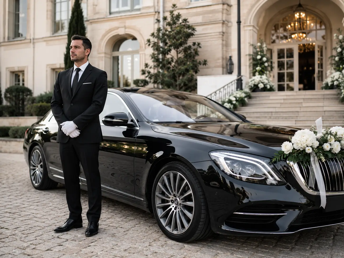 Luxury wedding chauffeur car outside an elegant venue