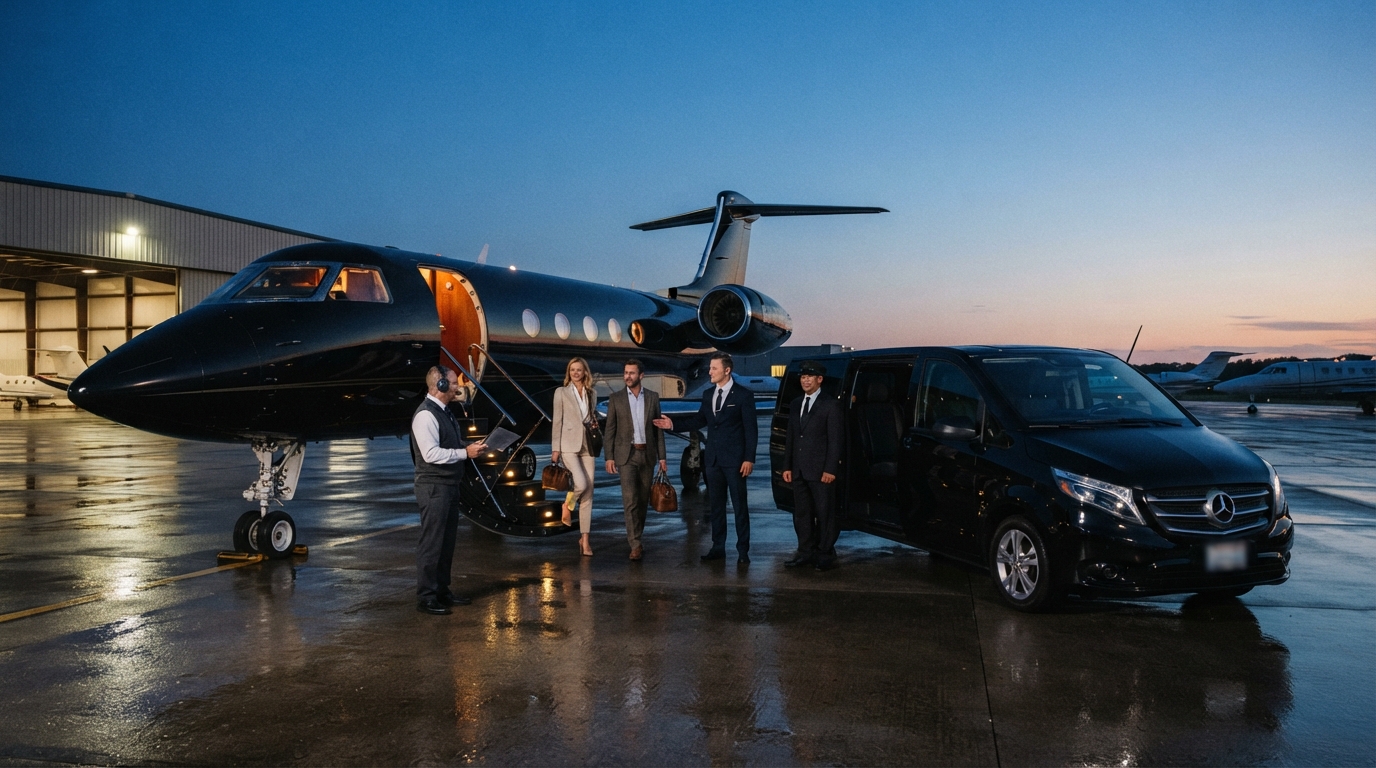 Passengers getting off a Private Jet with a chauffeured vehicle on standby