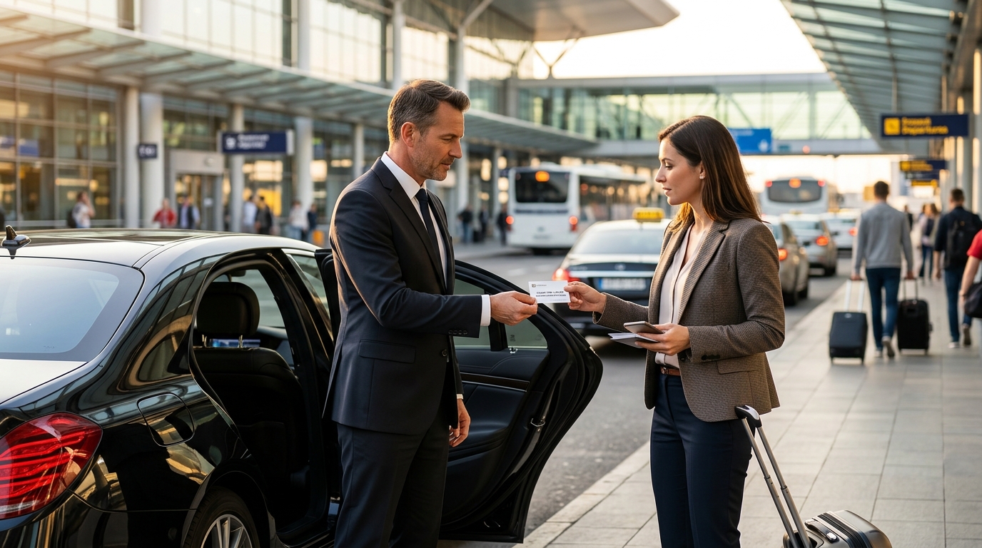 Professional chauffeur collecting business woman for Airport Transfer