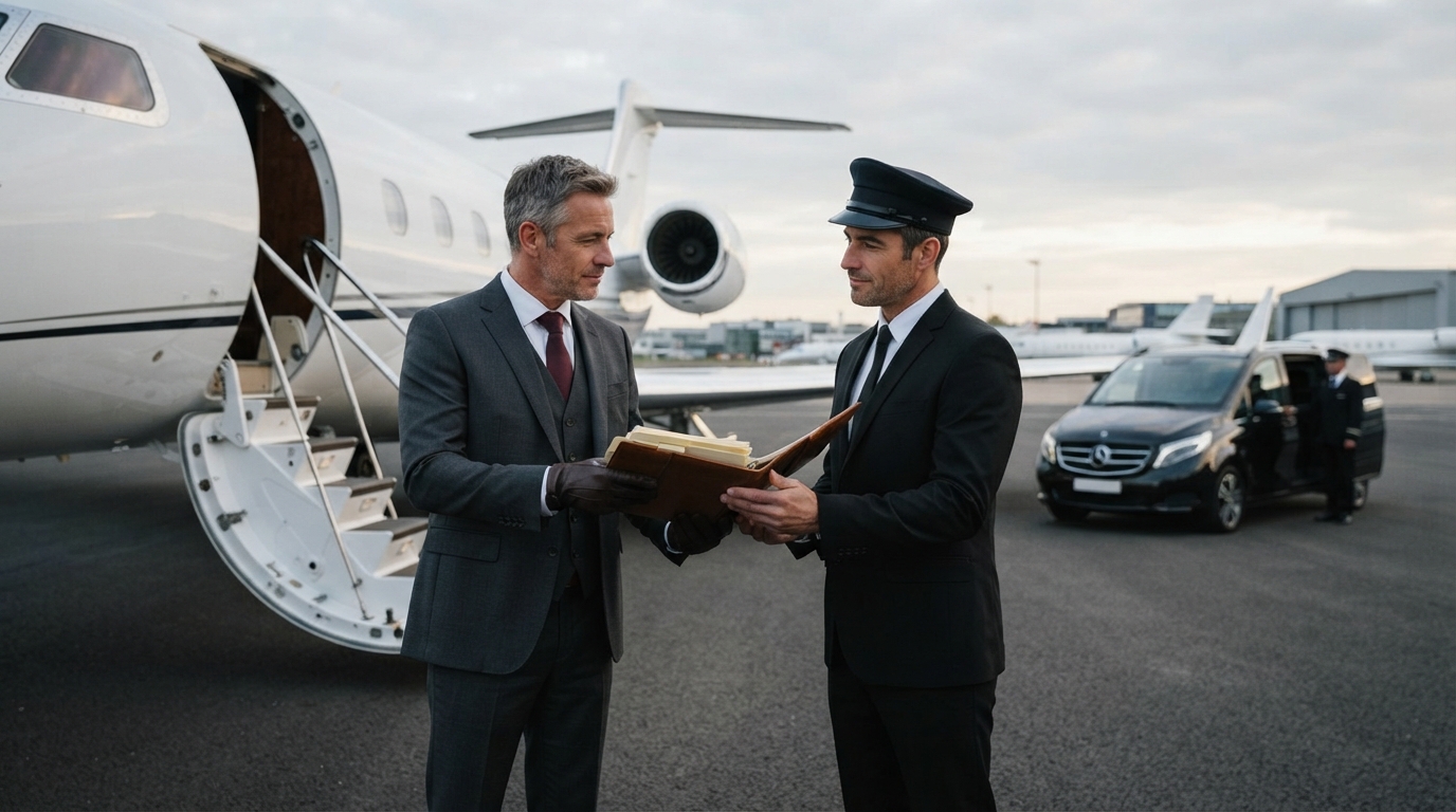 Pilot and chauffeur sharing paperwork