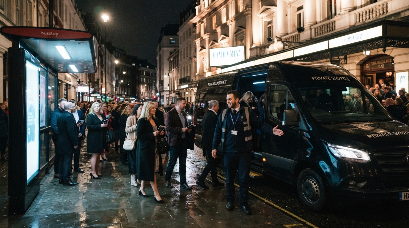 Theatre goers exiting the theatre onto a private shuttle bus
