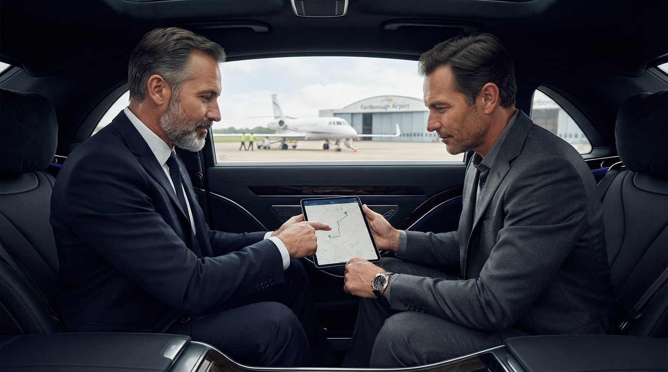 Best Chauffeur Services for Farnborough Private Jet Transfers 2 Two business men discussing routes on a map