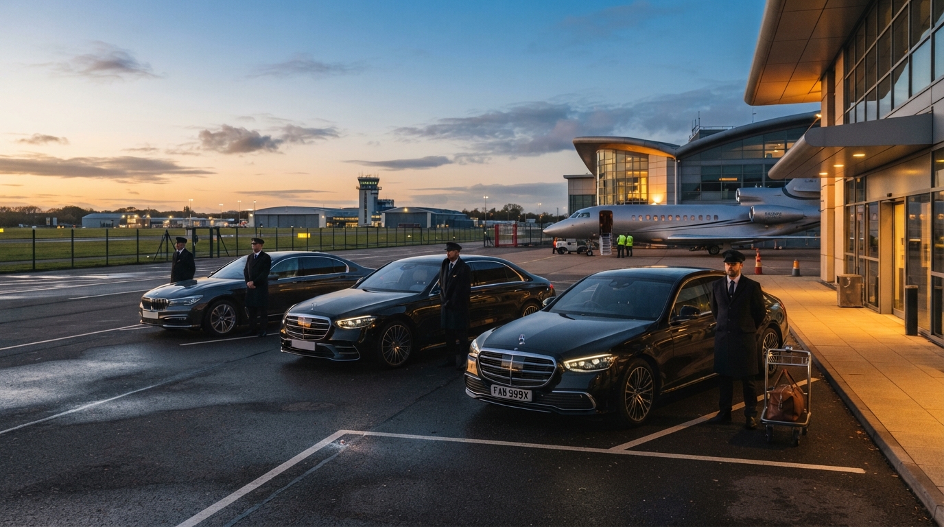 luxury cars waiting at the airfield