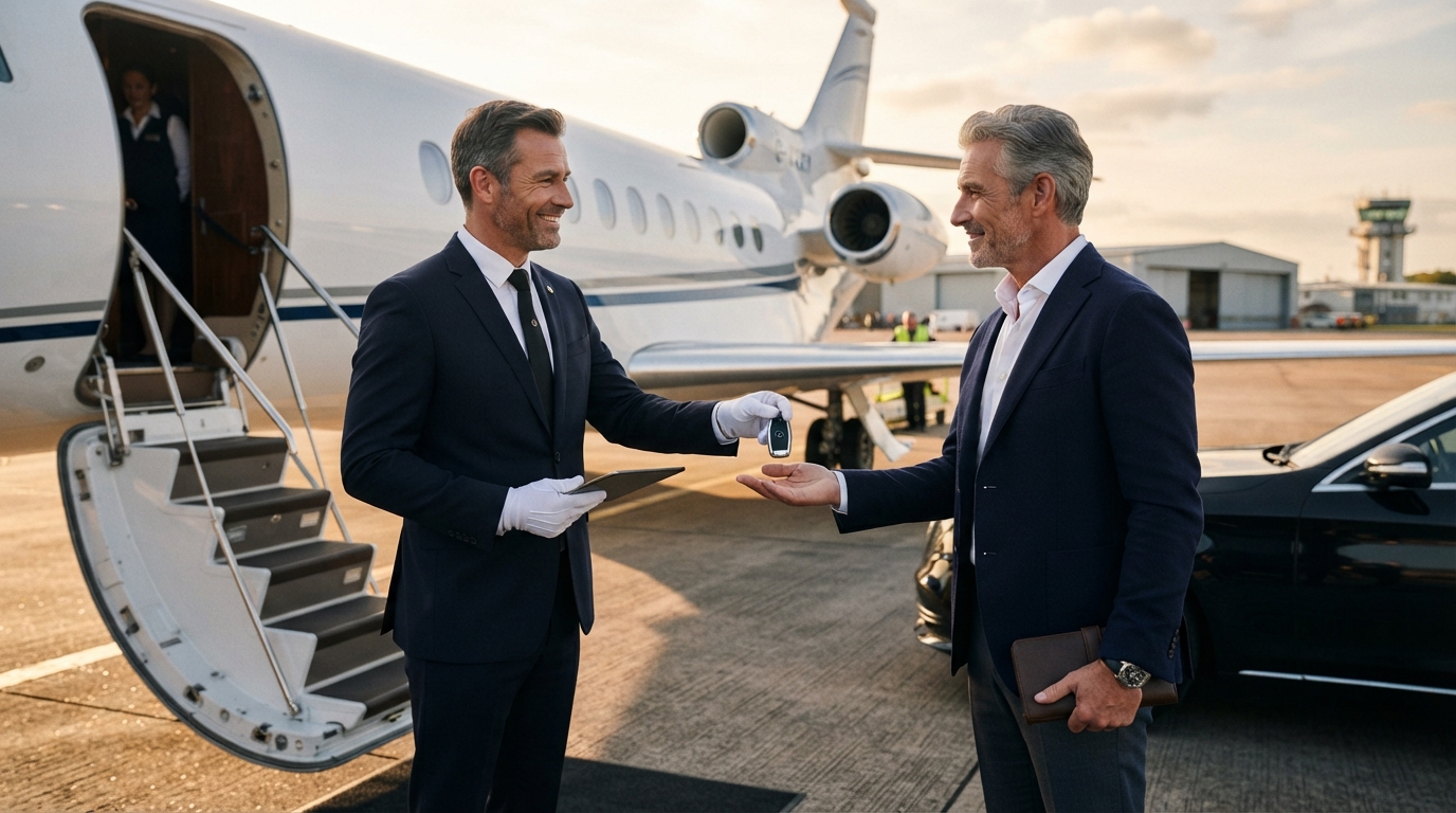 Best Chauffeur Services for Farnborough Private Jet Transfers 6 Businessman arriving at the private jet