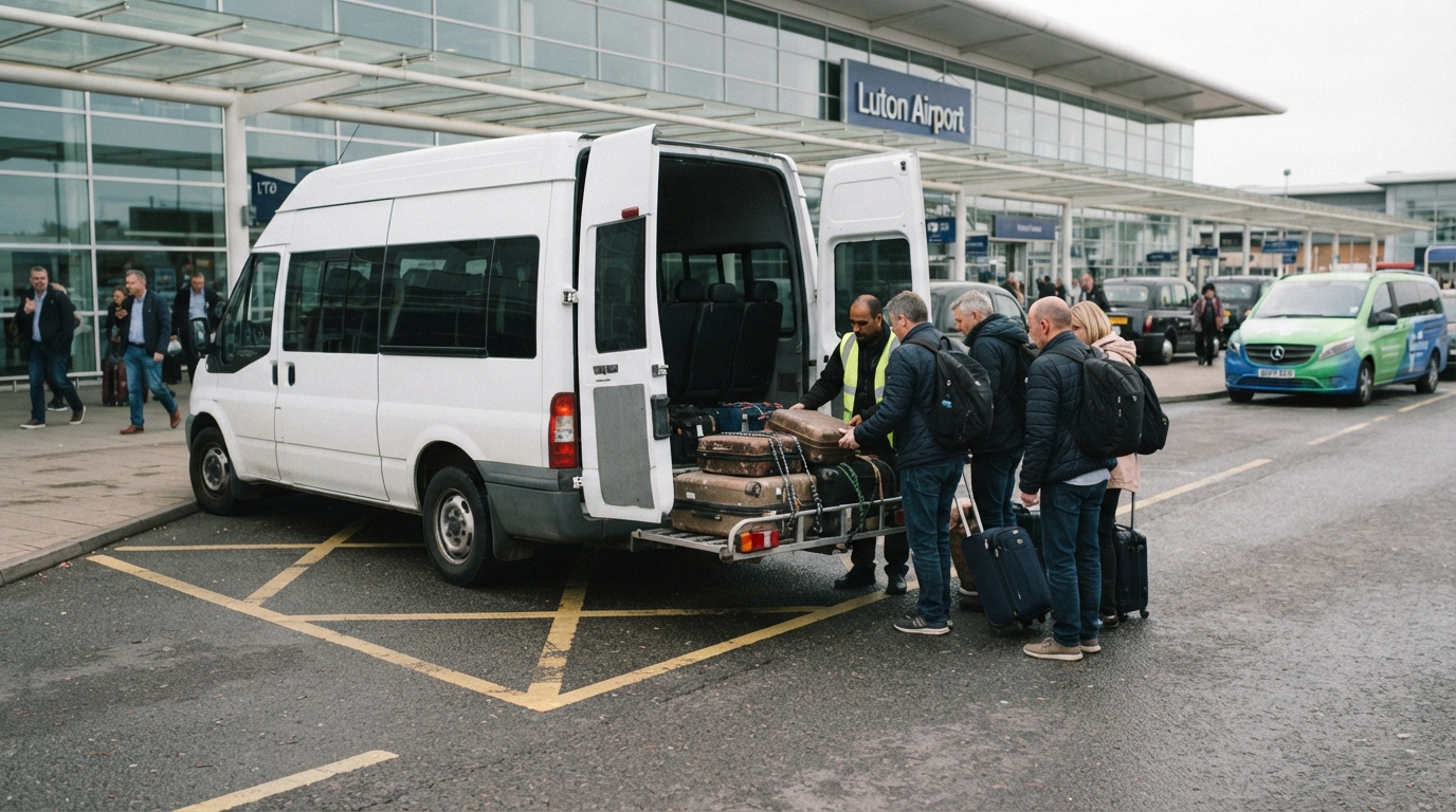 Luton airport transfers: the difference between luxury and budget fleets 3 group of people loading luggage into a minibus