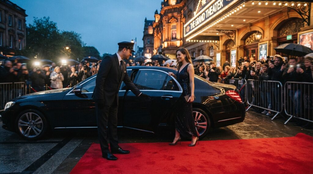 Red carpet arrivals: the chauffeur's role in a polished entrance 1 At a grand theatre entrance at dusk, a chauffeur opens a black saloon's rear door beside a red carpet as guests gather behind