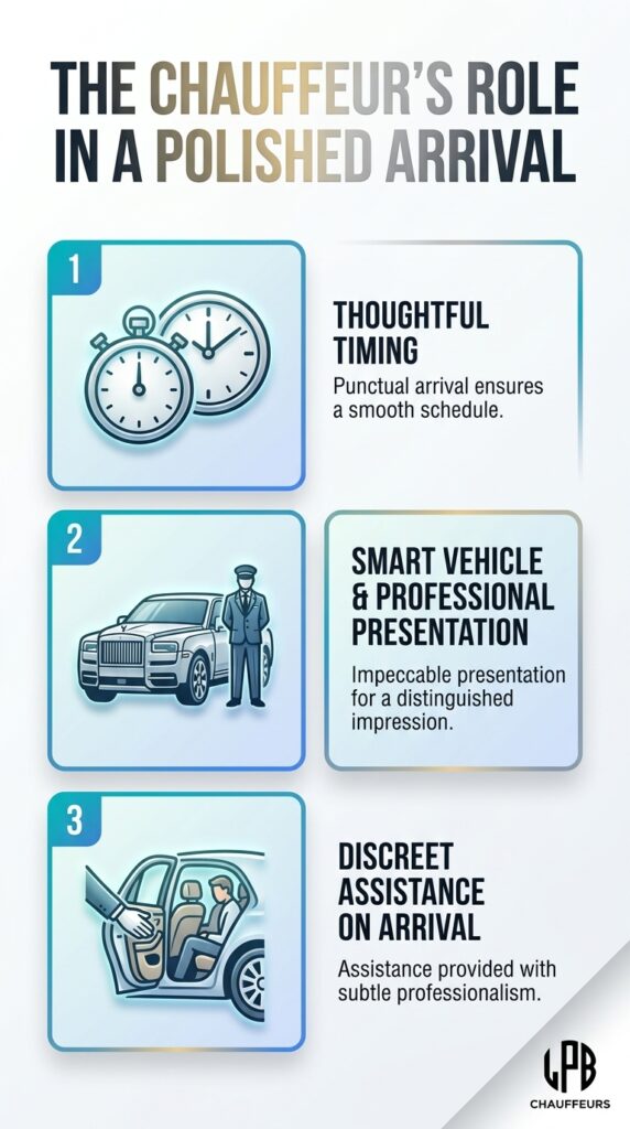Red carpet arrivals: the chauffeur's role in a polished entrance 2 Infographic showing how a chauffeur helps create a polished entrance at red carpet arrivals