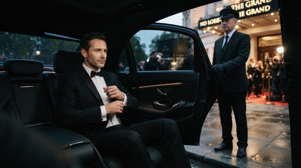 Red carpet arrivals: the chauffeur's role in a polished entrance 3 Inside a softly lit car, a passenger smooths an evening jacket while a chauffeur waits beside the open door outside a hotel.
