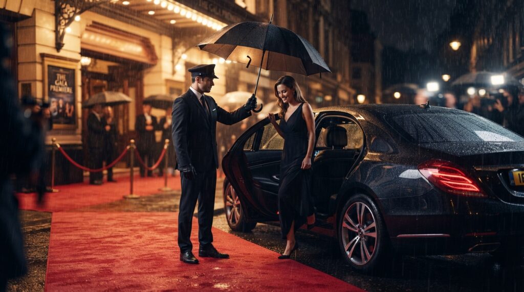 Red carpet arrivals: the chauffeur's role in a polished entrance 4 In a rainy evening arrival, a chauffeur holds an umbrella over a passenger stepping from a dark sedan onto a carpeted venue