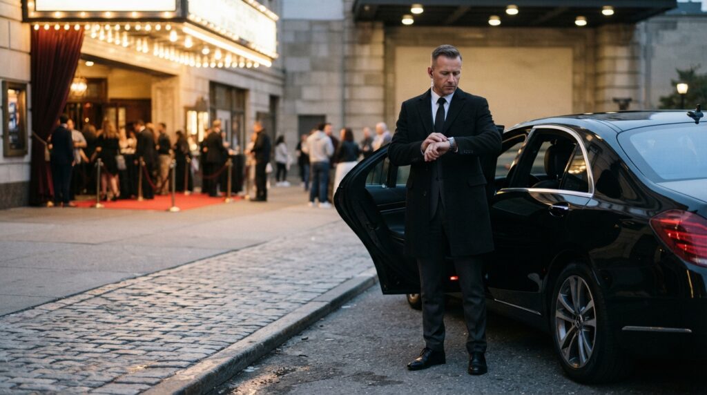 Red carpet arrivals: the chauffeur's role in a polished entrance 5 A chauffeur checks a wristwatch beside a waiting saloon in a quiet theatre loading area, with the carpeted entrance visible