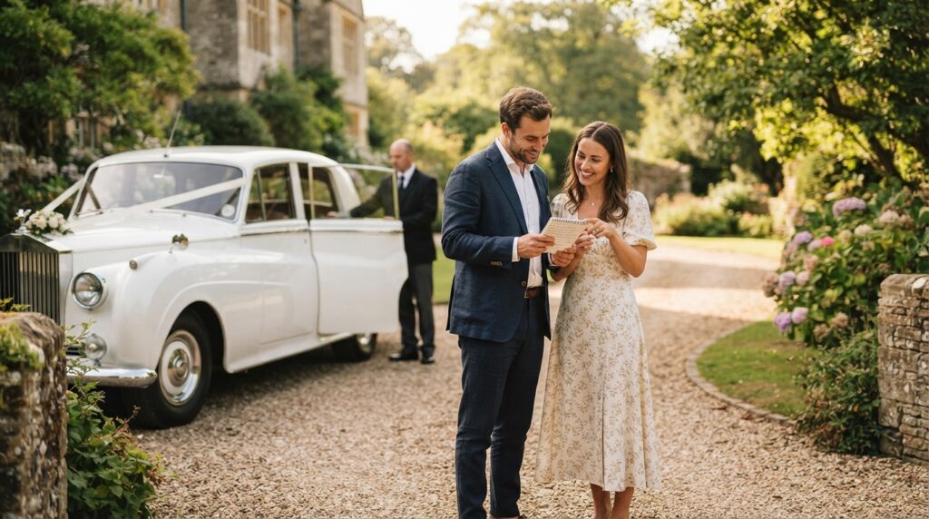 The Wedding Chauffeur Questions Couples Forget to Ask: A Practical Booking Checklist 1 A couple reviews a handwritten wedding transport checklist beside a parked white vintage-style car in a leafy venue driveway.