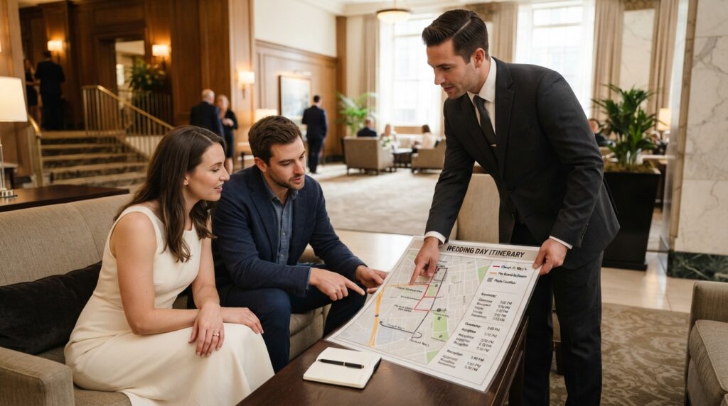 The Wedding Chauffeur Questions Couples Forget to Ask: A Practical Booking Checklist 3 A chauffeur points to a route map and timed pickup schedule as a couple discusses multiple wedding stops inside a quiet hotel lounge