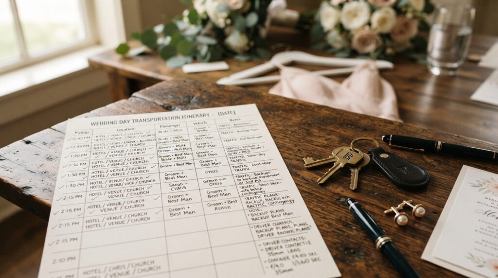The Wedding Chauffeur Questions Couples Forget to Ask: A Practical Booking Checklist 5 Close-up of a wedding-day itinerary listing pickup times, passenger names, and contingency notes beside car keys on a wooden table