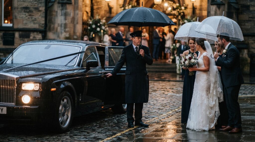 The Wedding Chauffeur Questions Couples Forget to Ask: A Practical Booking Checklist 6 A chauffeur waits beside an elegant black car in the rain while a wedding party checks umbrellas and adjusts its departure arrangements